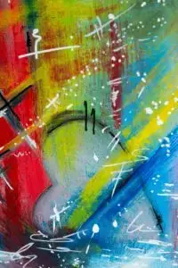 Gros plan d’un tableau de Sabine Noël montrant un cœur abstrait entouré de couleurs vives et de signes graphiques blancs
