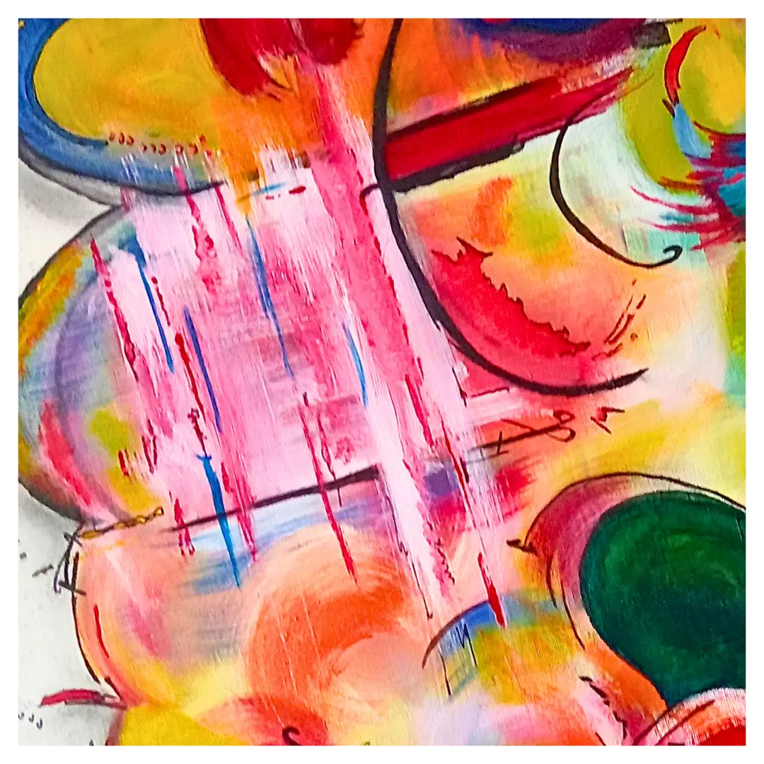 Gros plan sur une œuvre abstraite de Sabine Noël, aux couleurs vives et aux formes fluides évoquant le mouvement et l’expression libre
