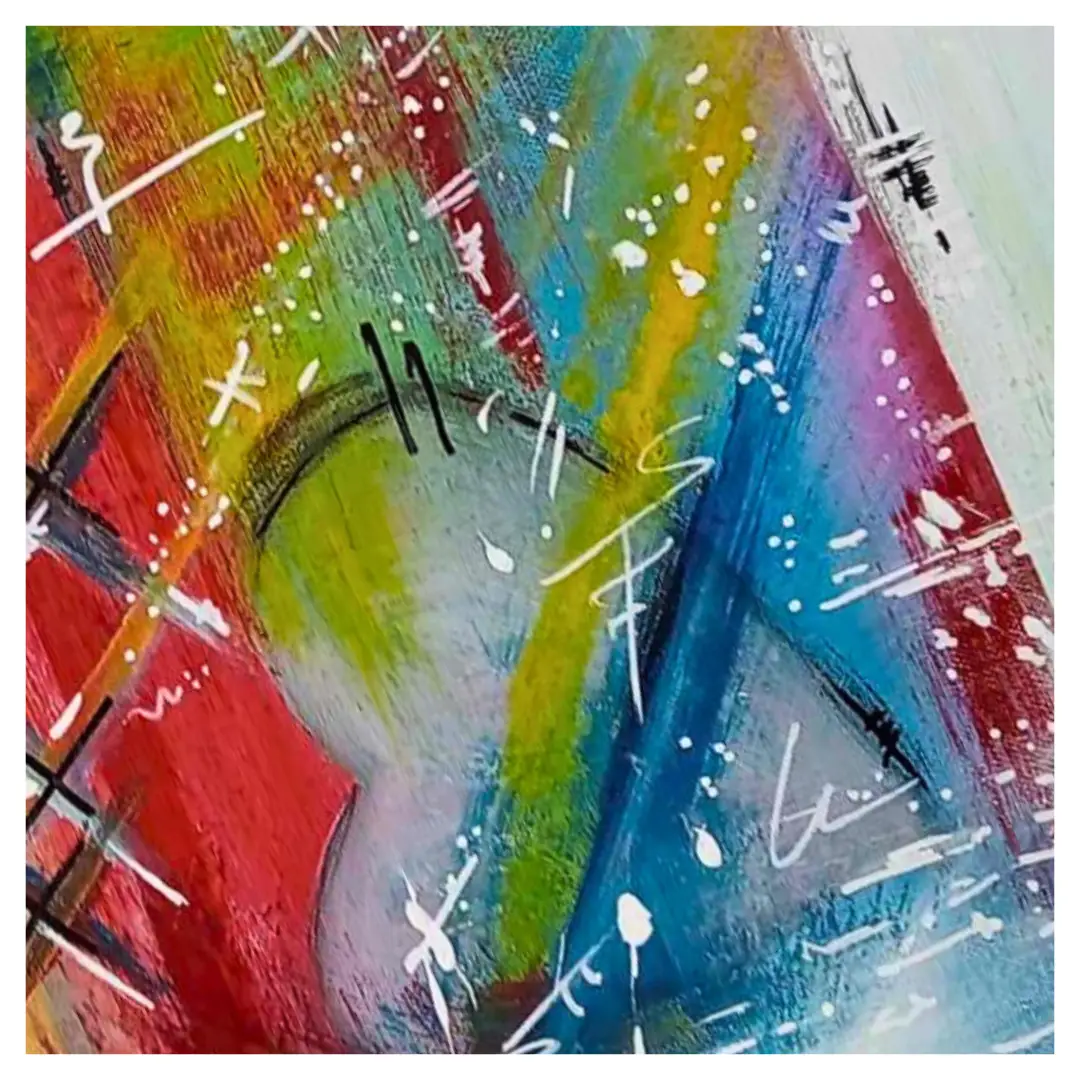 Détail du tableau abstrait “Tourne les couleurs” par Sabine Noël, aux teintes rouge, vert, bleu et jaune, illustrant l’univers émotionnel et artistique de l’artiste.