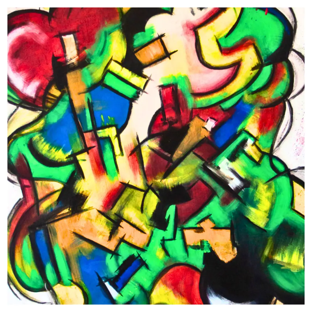 Détail du tableau “Yin” de Sabine Noël, avec des formes entrelacées, des couleurs vives et des cœurs abstraits symbolisant les liens familiaux